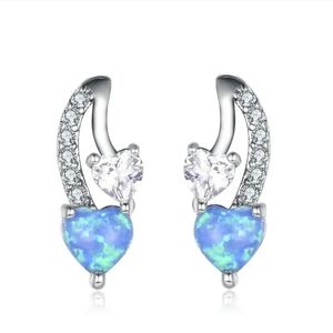 Blue Fire Opal & Diamond Heart Faux Hearts Silver Stud Dainty Earrings